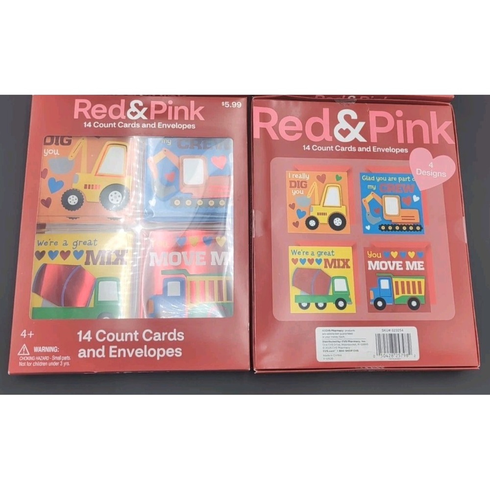 Red & Pink Pop Up Cards & Envelopes construction Lot of 2 Boxes = 28 Valentines